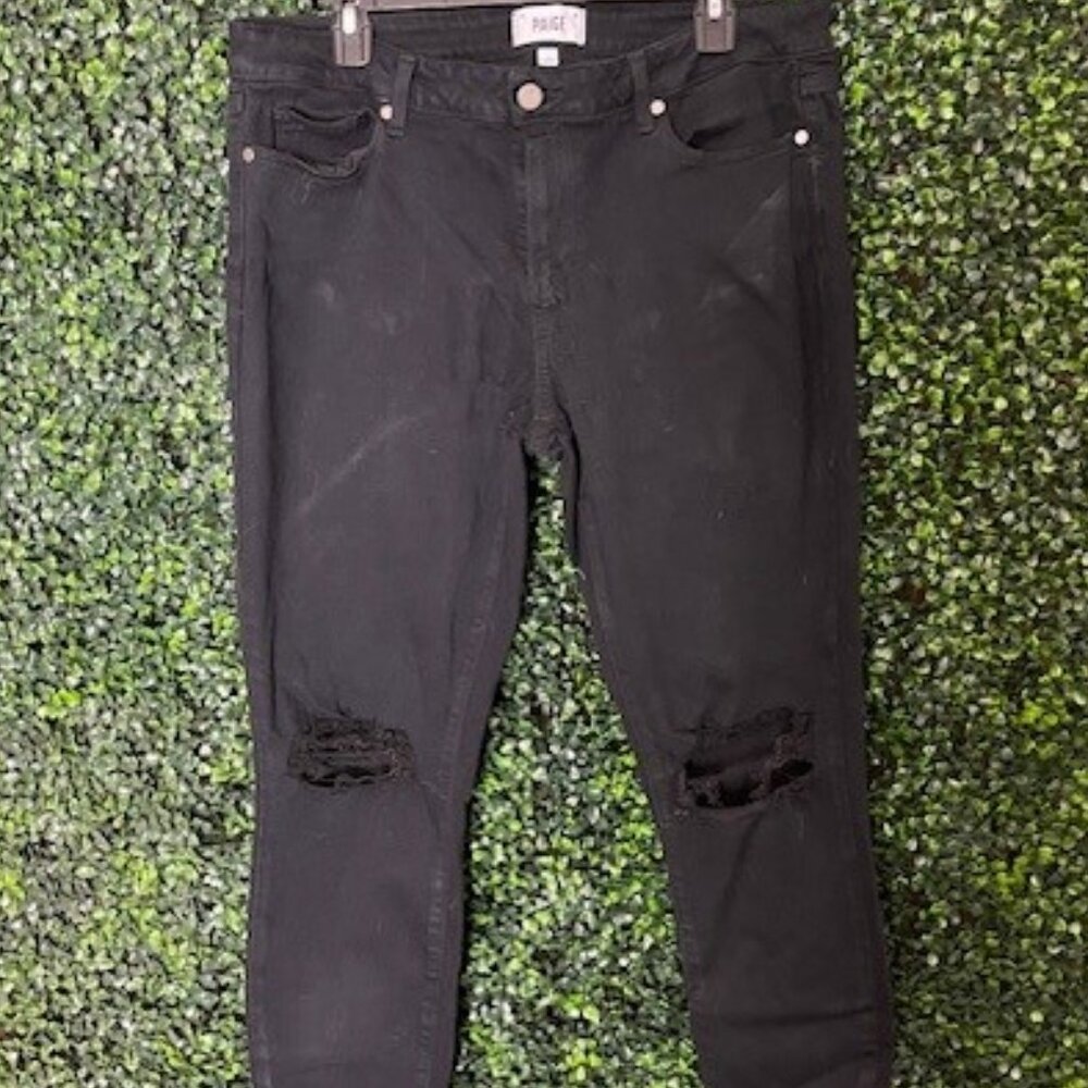 Paige Distressed Knees Stretch Straightleg Jeans - Black - Size 33 - Worn 2x